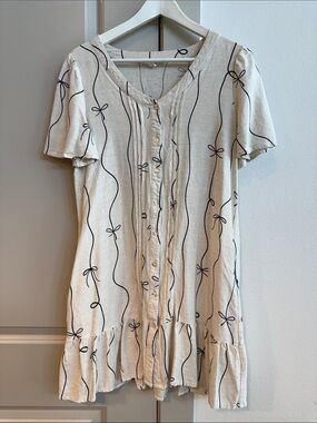 Cream Button-Front Short Sleeve Dress with Black Bowline Print Size Medium